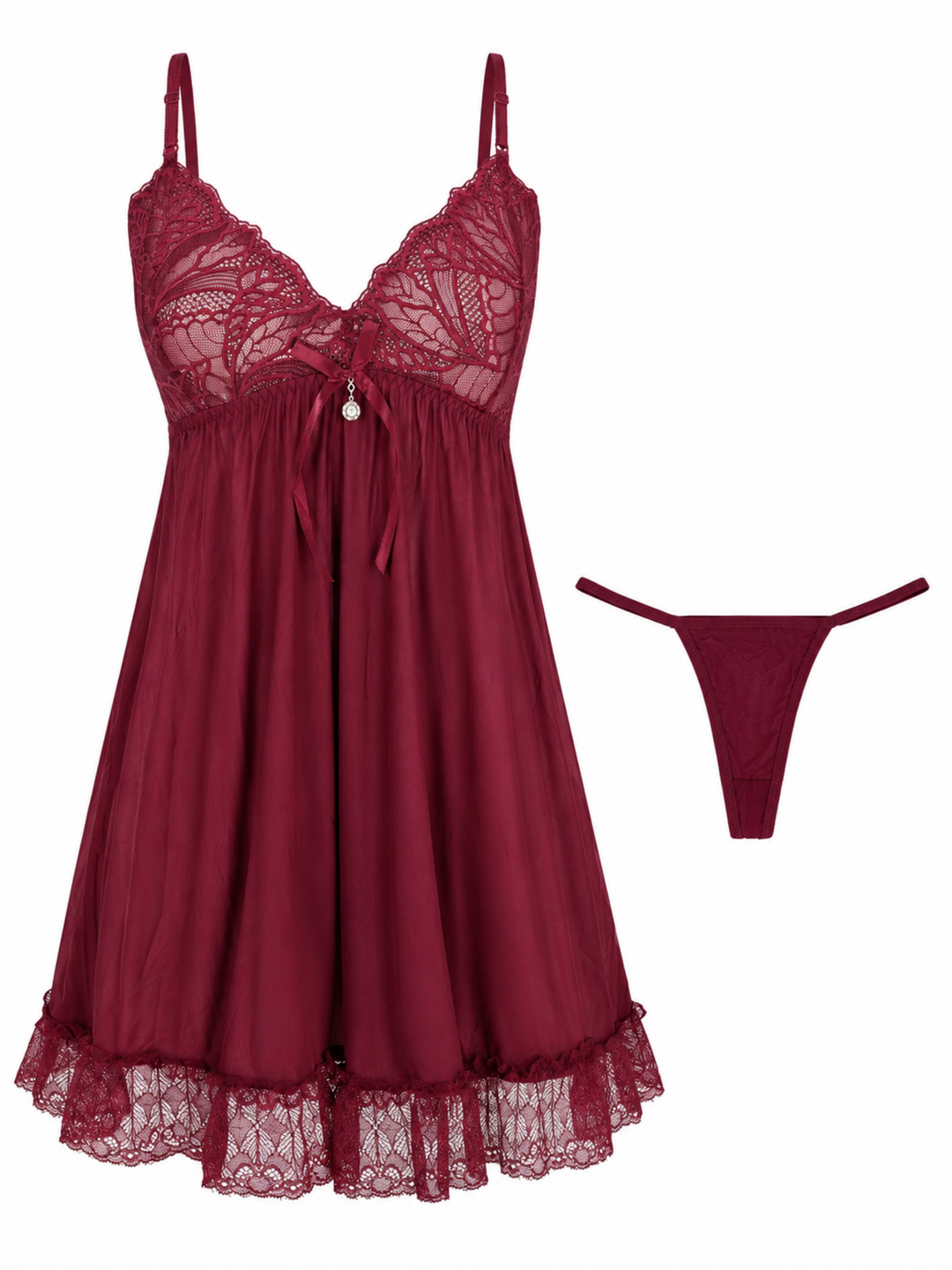 Vintage wine malai modal lace babydoll dress for women