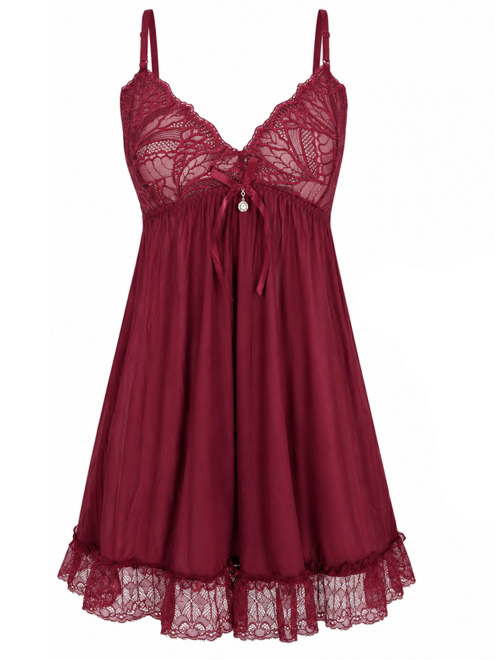 Vintage wine malai modal lace babydoll dress for women