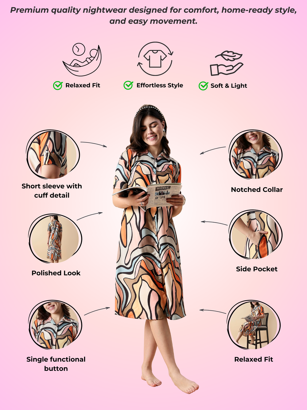 Retro rush button down modern nighty dress for women