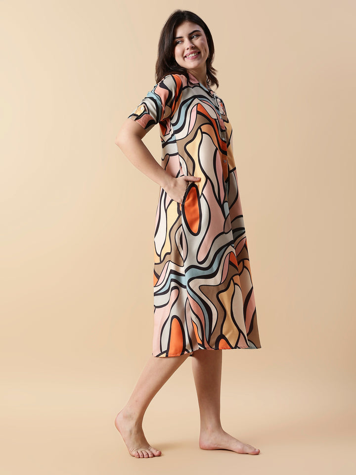 Modern retro print nightdress for girls with short sleeves and shirt collar button front