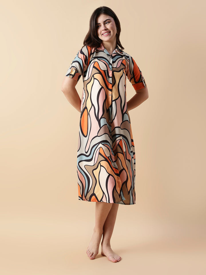 Modern retro print nightdress for girls with short sleeves and shirt collar button front