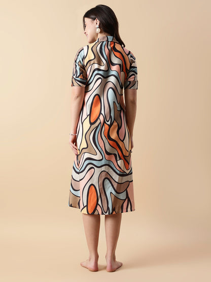 Modern retro print nightdress for girls with short sleeves and shirt collar button front