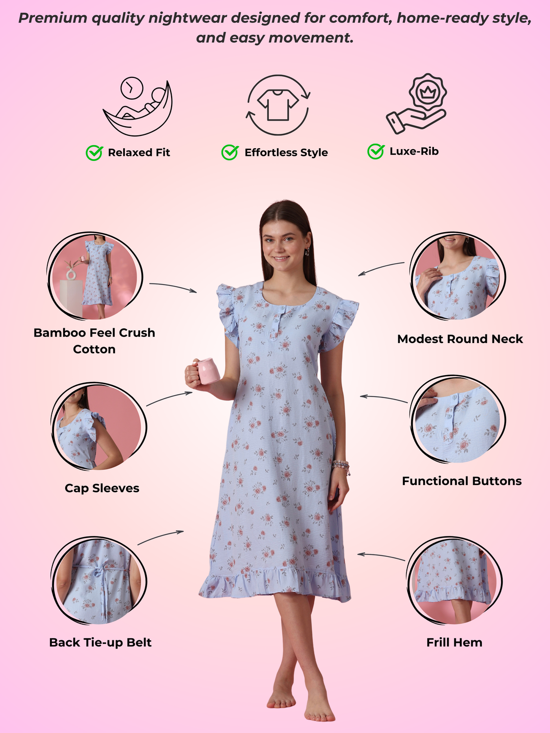 Rosy blue rose motif crush cotton short nighty for women