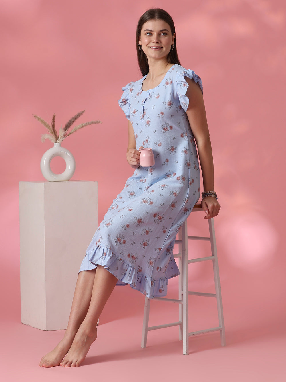 Rosy blue rose motif crush cotton short nighty for women