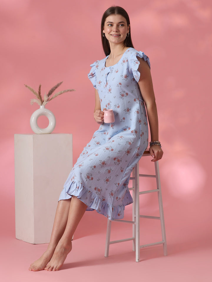 Rosy blue rose motif crush cotton short nighty for women