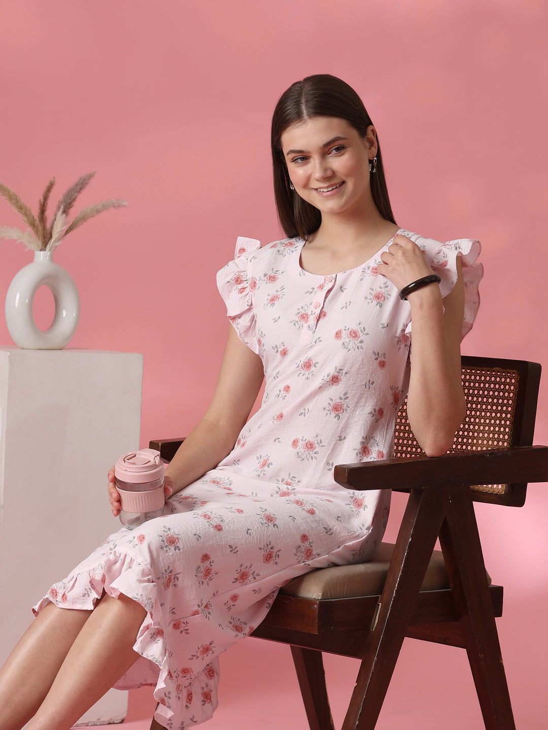 Rosy pink rose motif crush cotton short nighty for women