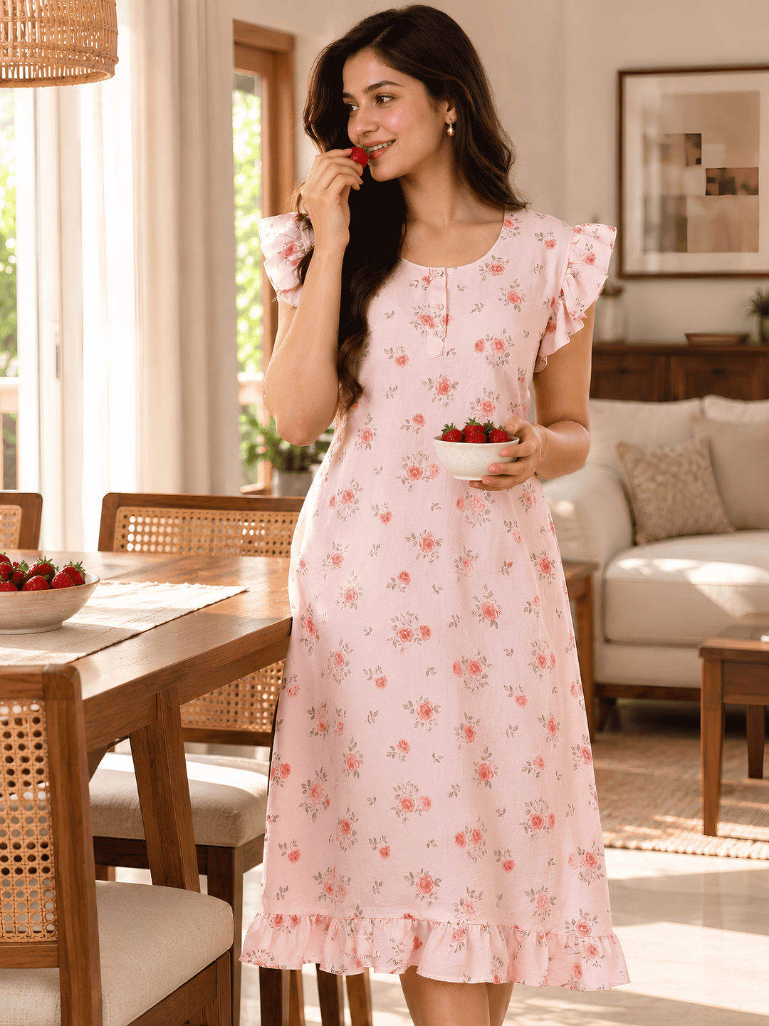 Rosy pink rose motif crush cotton short nighty for women