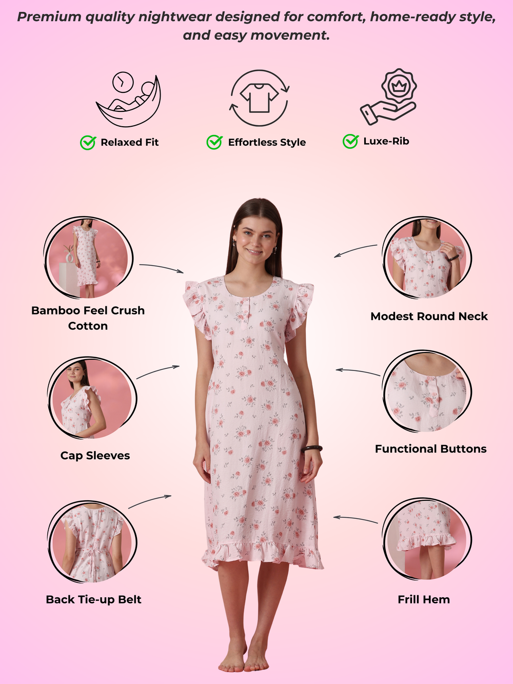 Rosy pink rose motif crush cotton short nighty for women