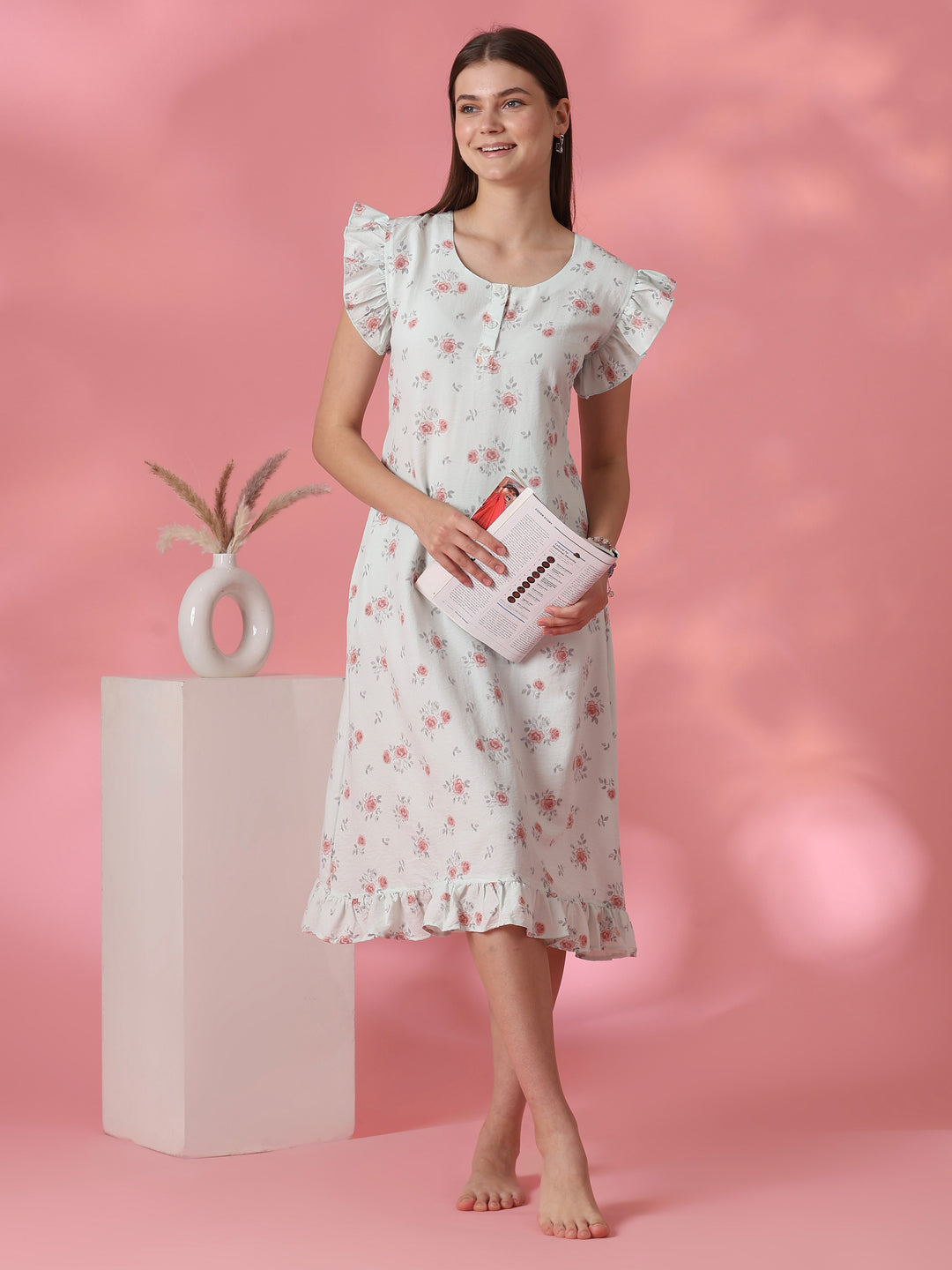 Rosy sage rose motif short nighty dress for women online