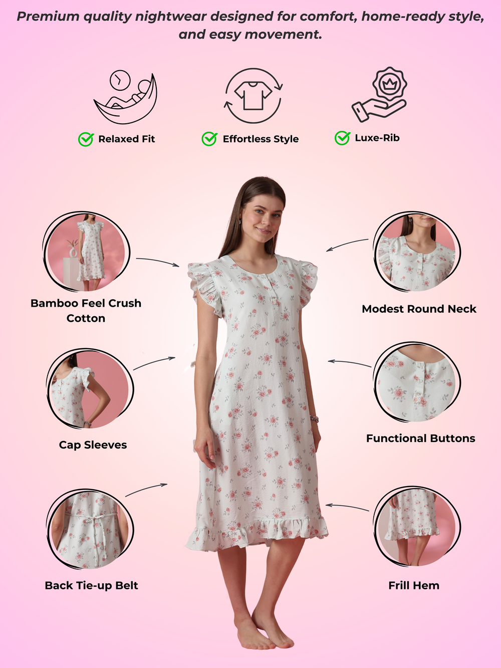 Rosy sage rose motif short nighty dress for women online