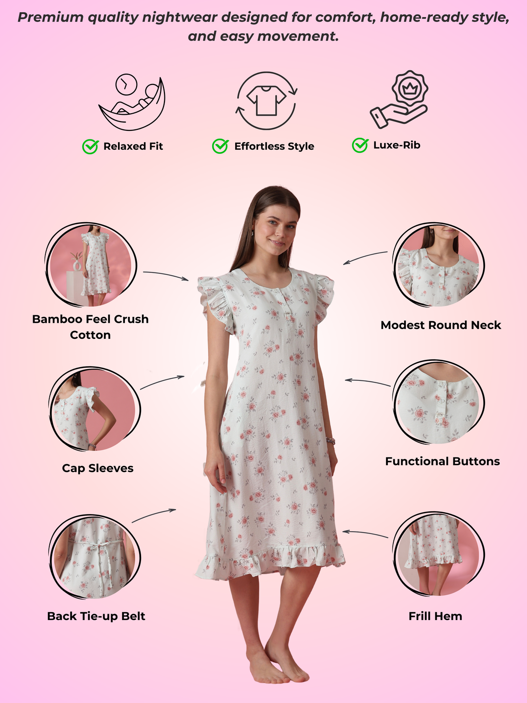 Rosy sage rose motif short nighty dress for women online