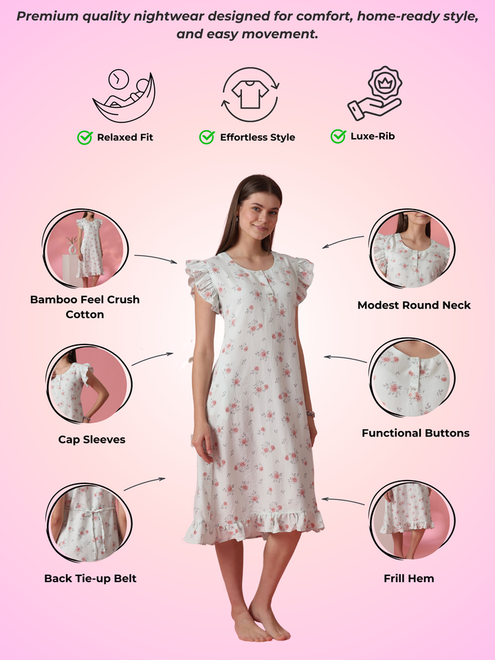 Rosy sage rose motif short nighty dress for women online