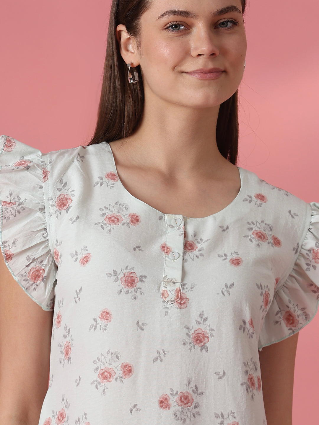 Rosy sage rose motif short nighty dress for women online