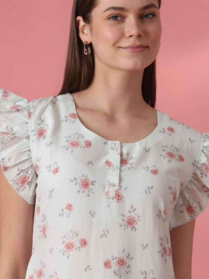 Rosy sage rose motif short nighty dress for women online
