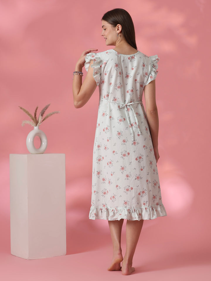 Rosy sage rose motif short nighty dress for women online