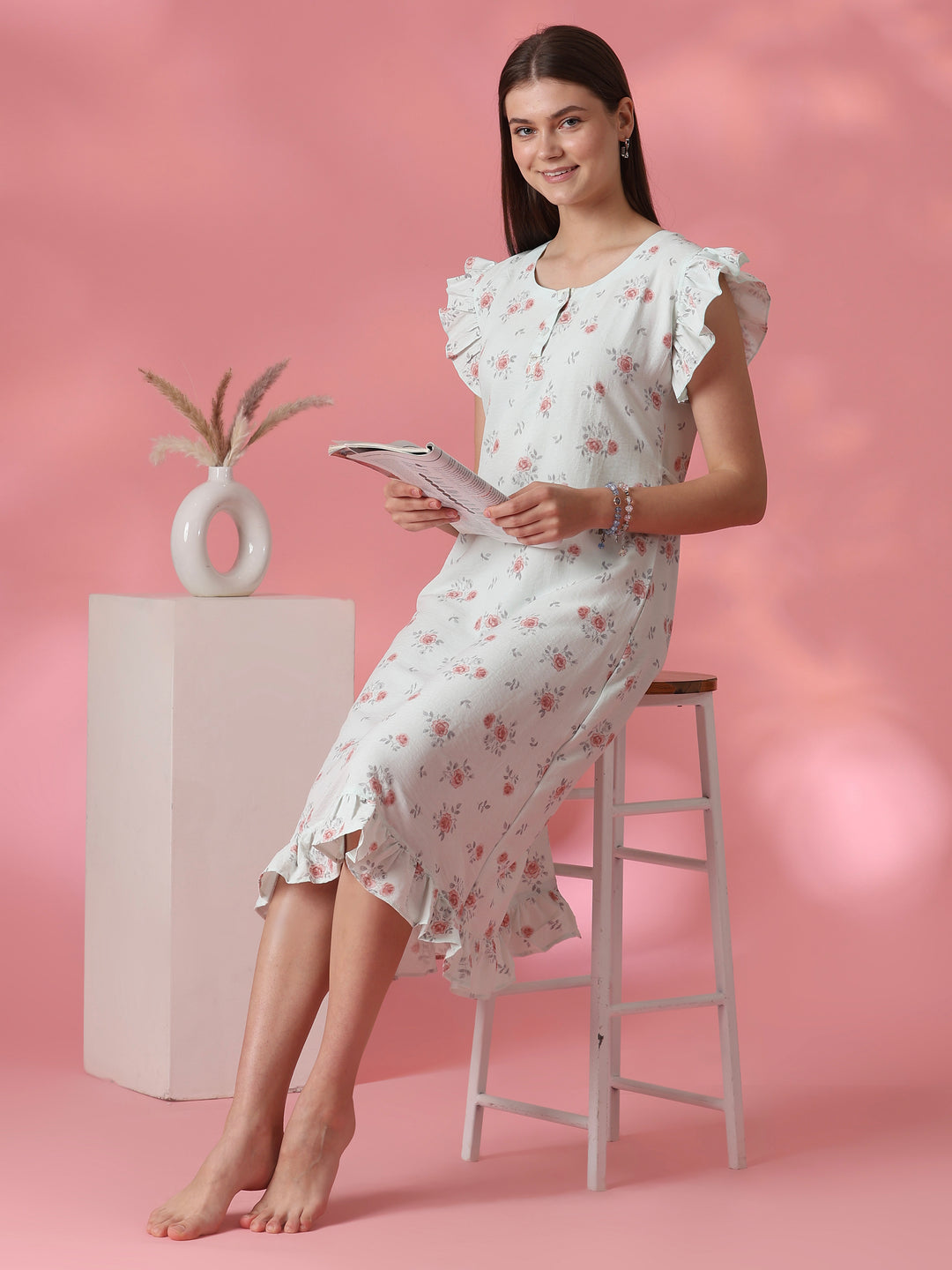 Rosy sage rose motif short nighty dress for women online