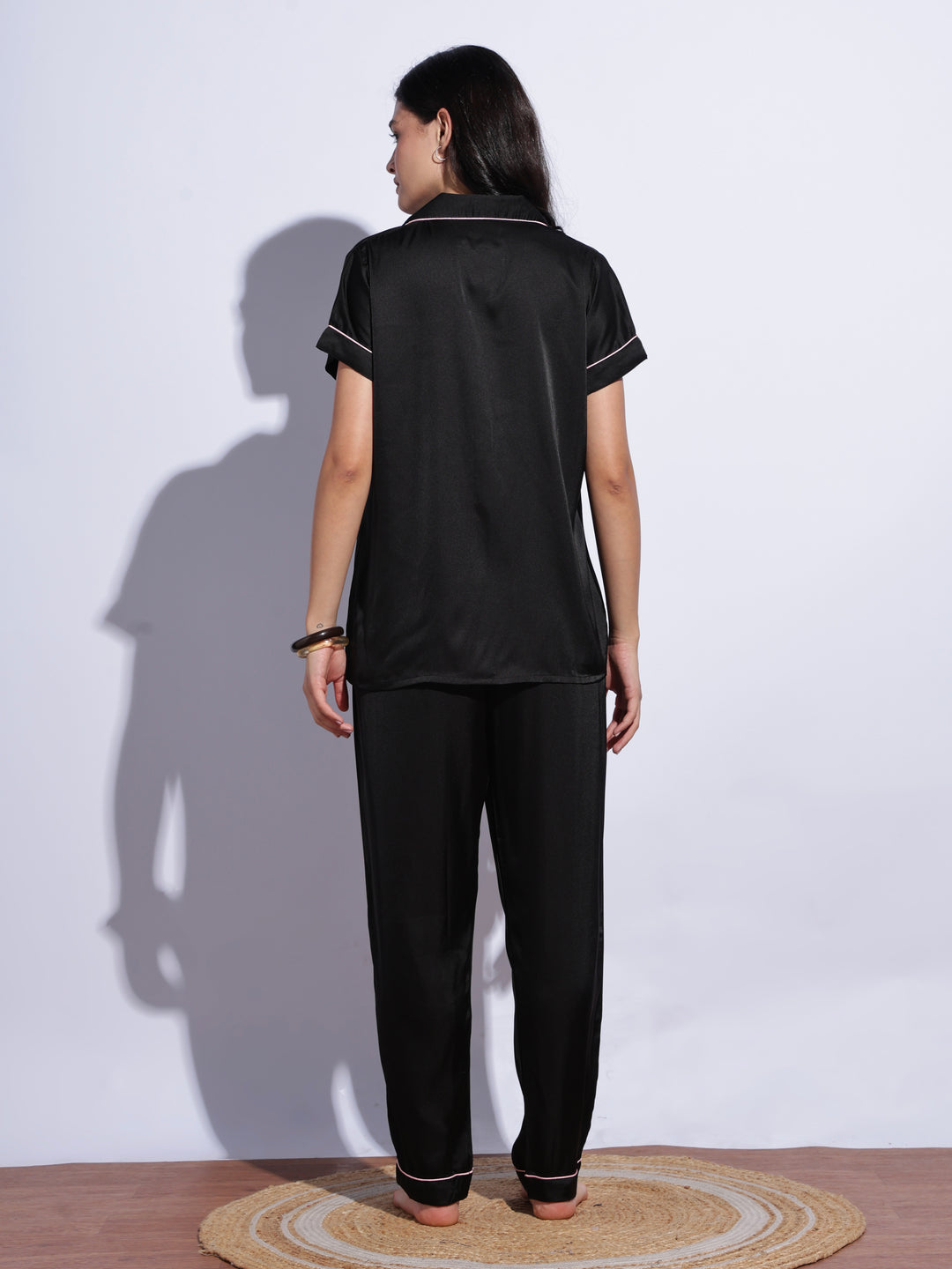 Elegant black satin pyjama set for women online