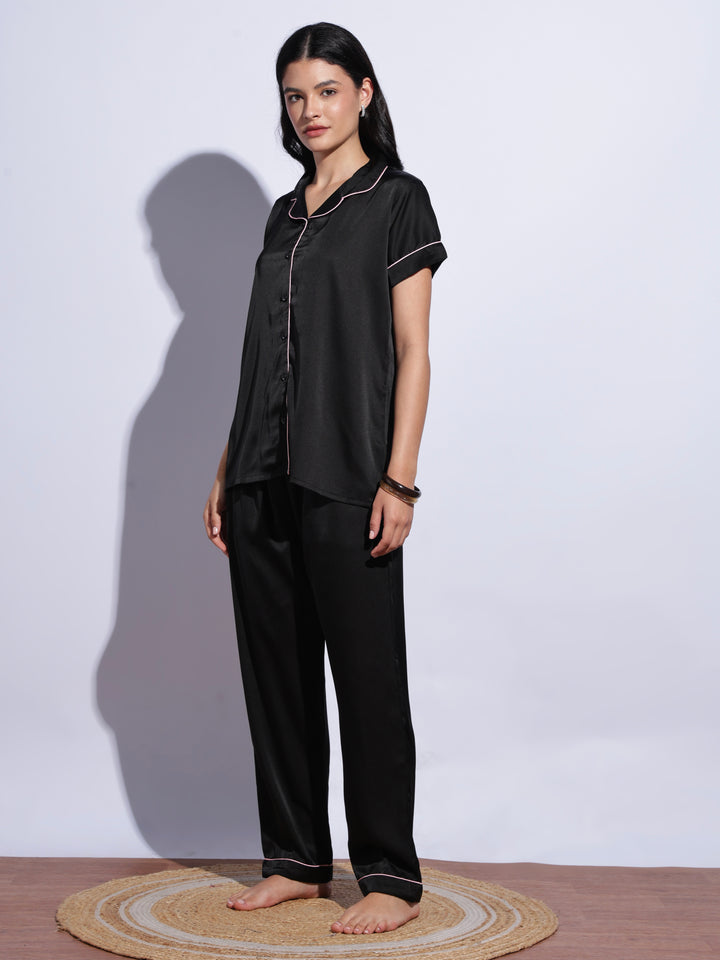 Elegant black satin pyjama set for women online