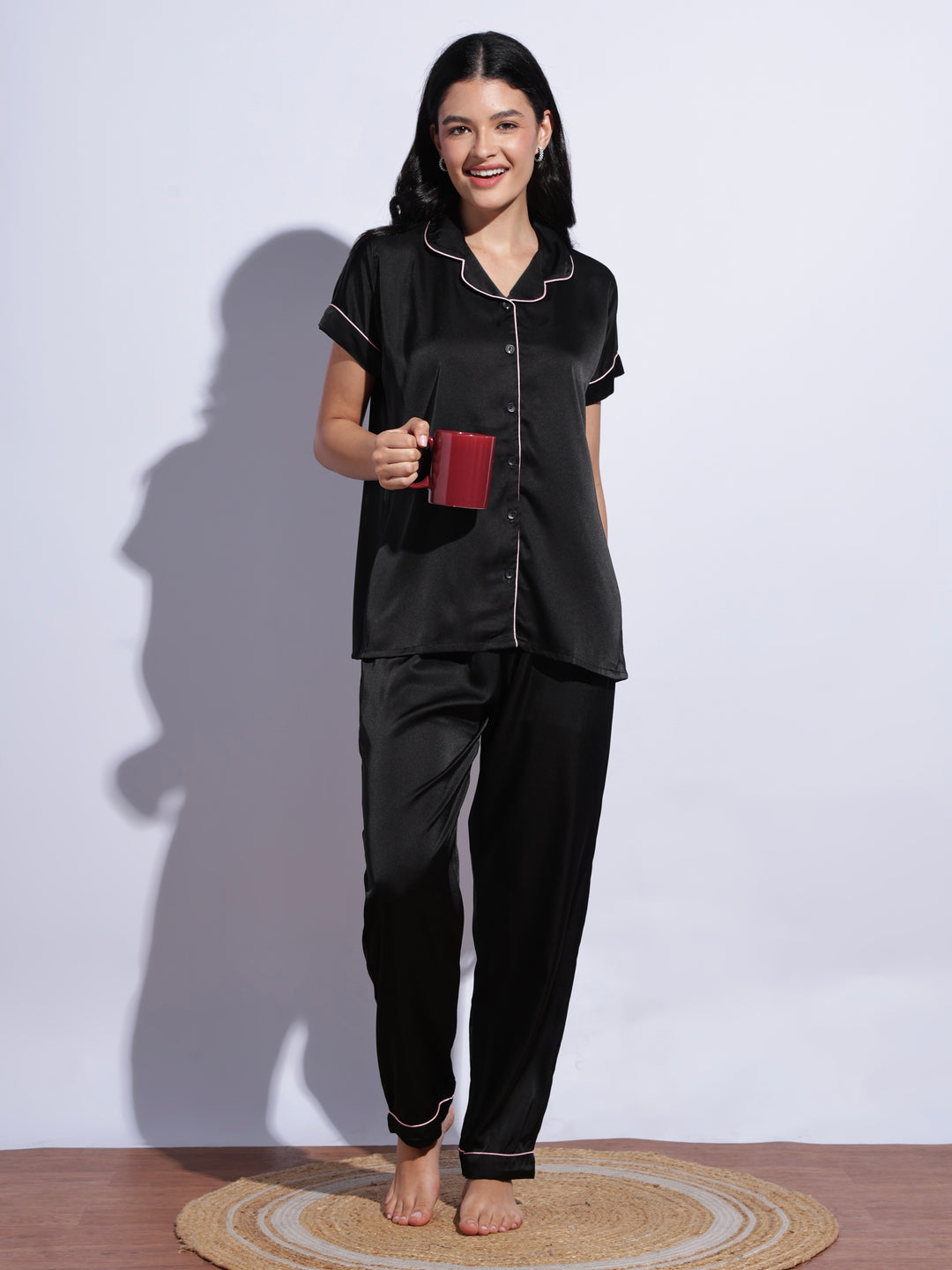 Elegant black satin pyjama set for women online
