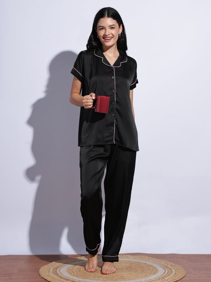 Elegant black satin pyjama set for women online