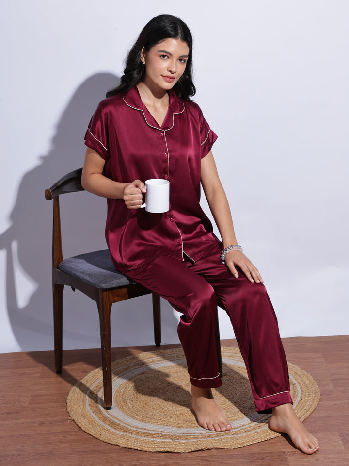 Berry satin sleepwear set for women online