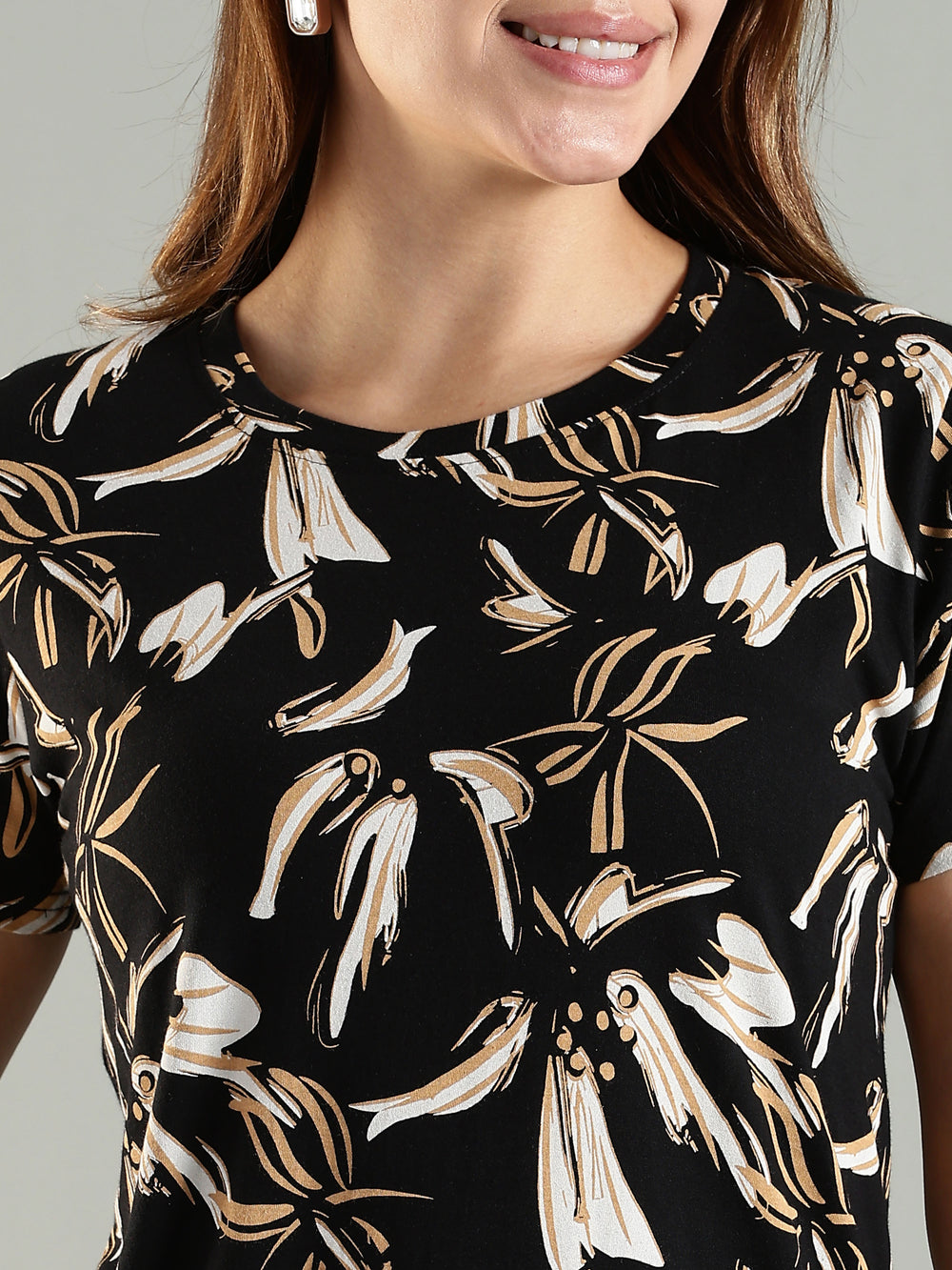 Beige floral soft stretchable short nightdress for women