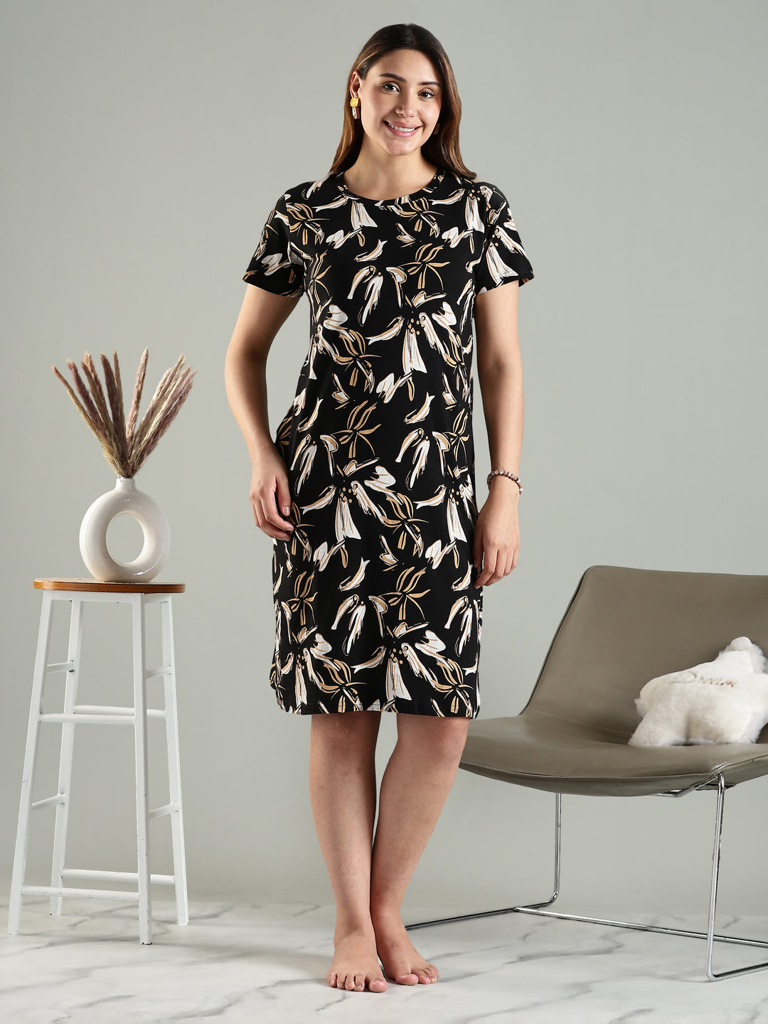 Beige floral soft stretchable short nightdress for women