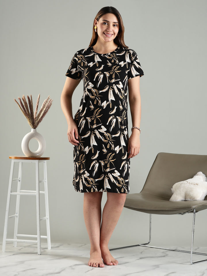 Beige floral soft stretchable short nightdress for women