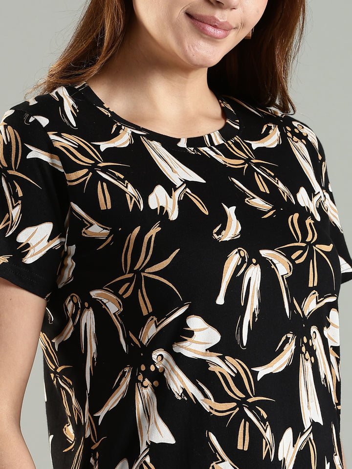 Beige floral soft stretchable short nightdress for women