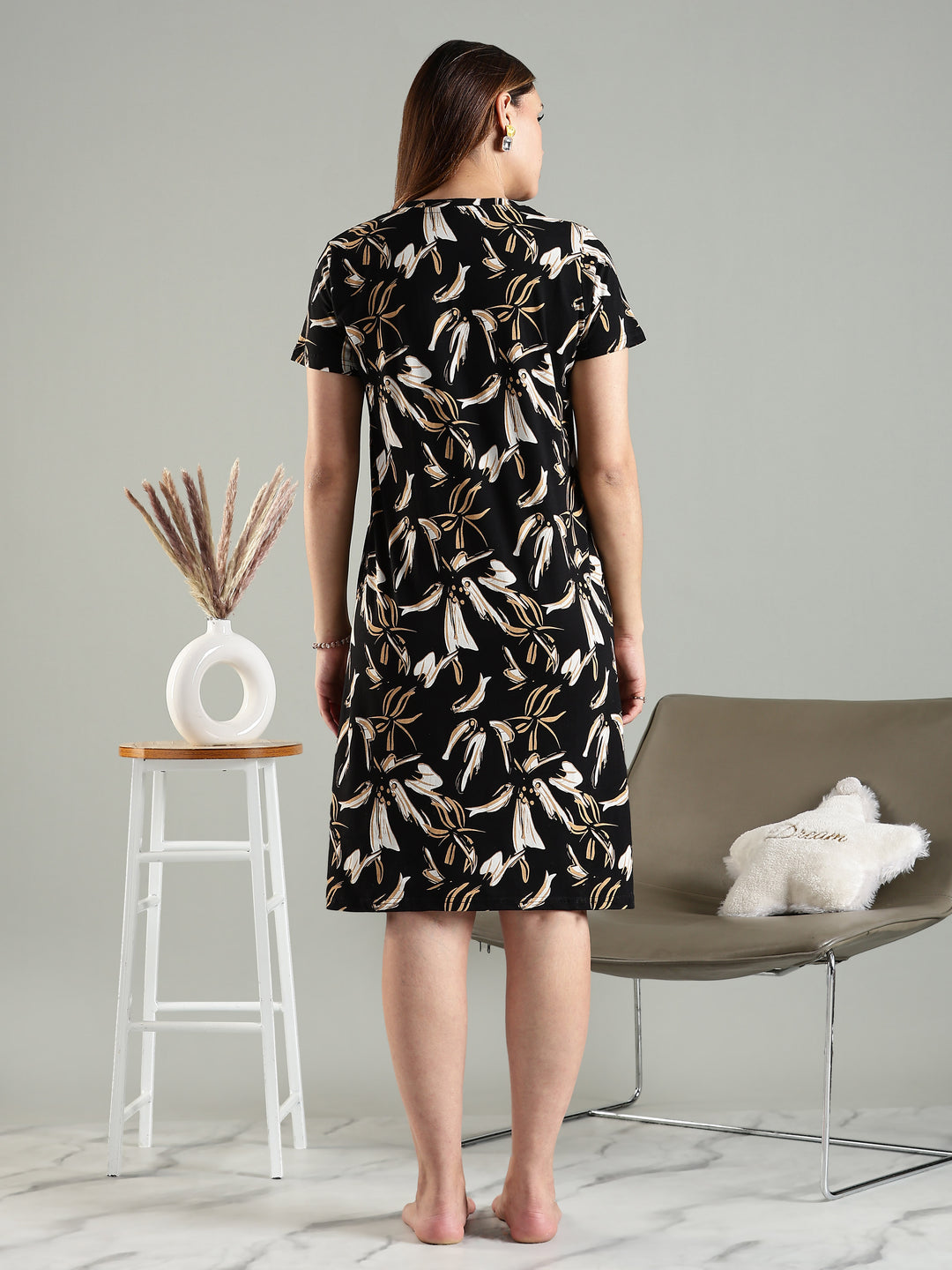 Beige floral soft stretchable short nightdress for women