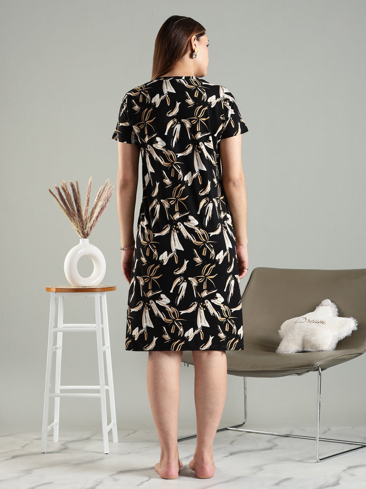 Beige floral soft stretchable short nightdress for women