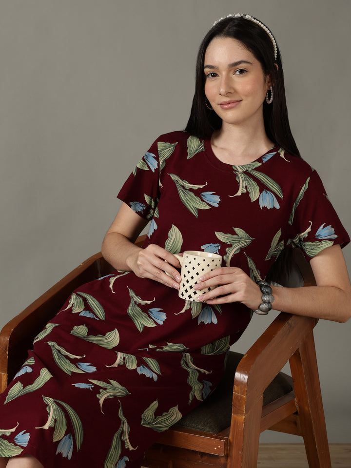 Wine floral cotton short nighty for women breathable fit