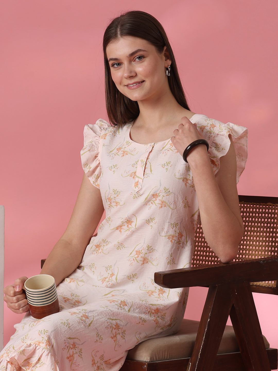 Dreamy peach floral short nighty dress for women online
