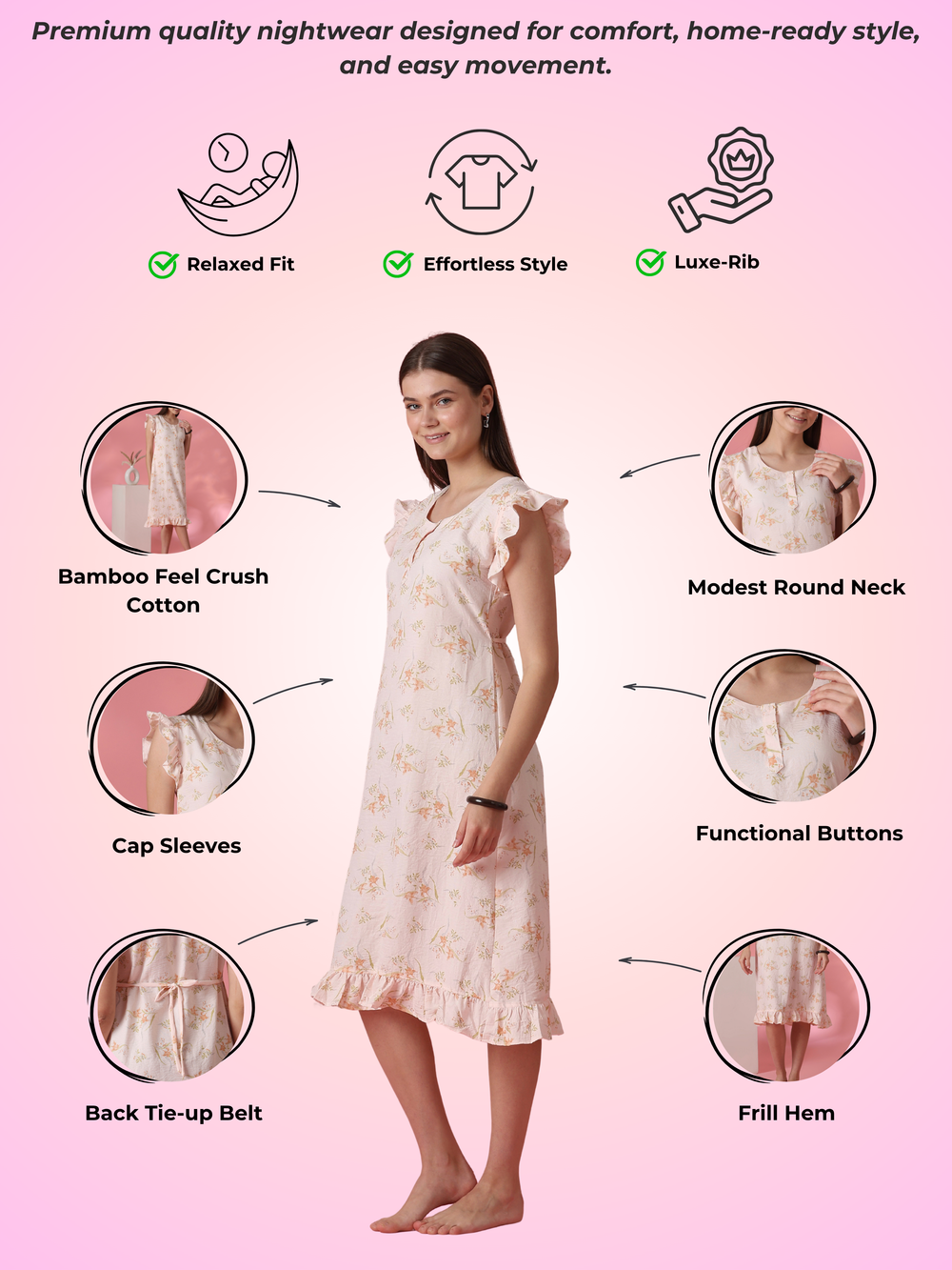 Dreamy peach floral short nighty dress for women online