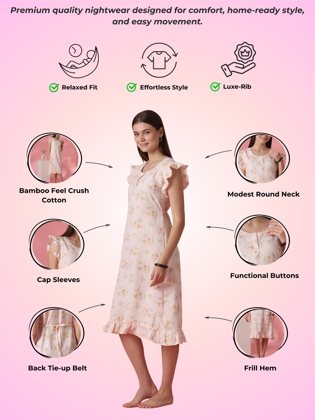 Dreamy peach floral short nighty dress for women online