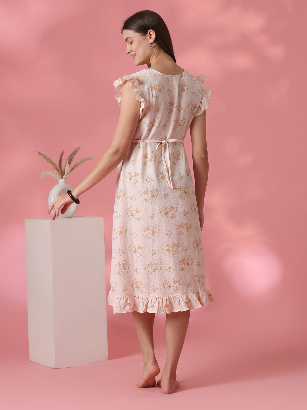 Dreamy peach floral short nighty dress for women online