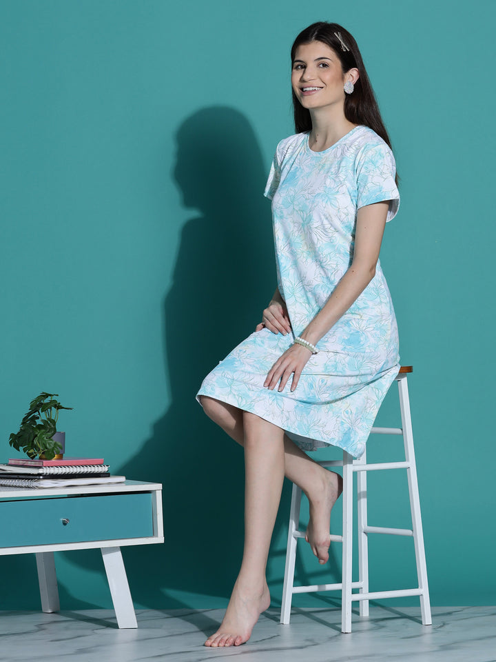 Gloss malai aqua white floral short nightwear for women