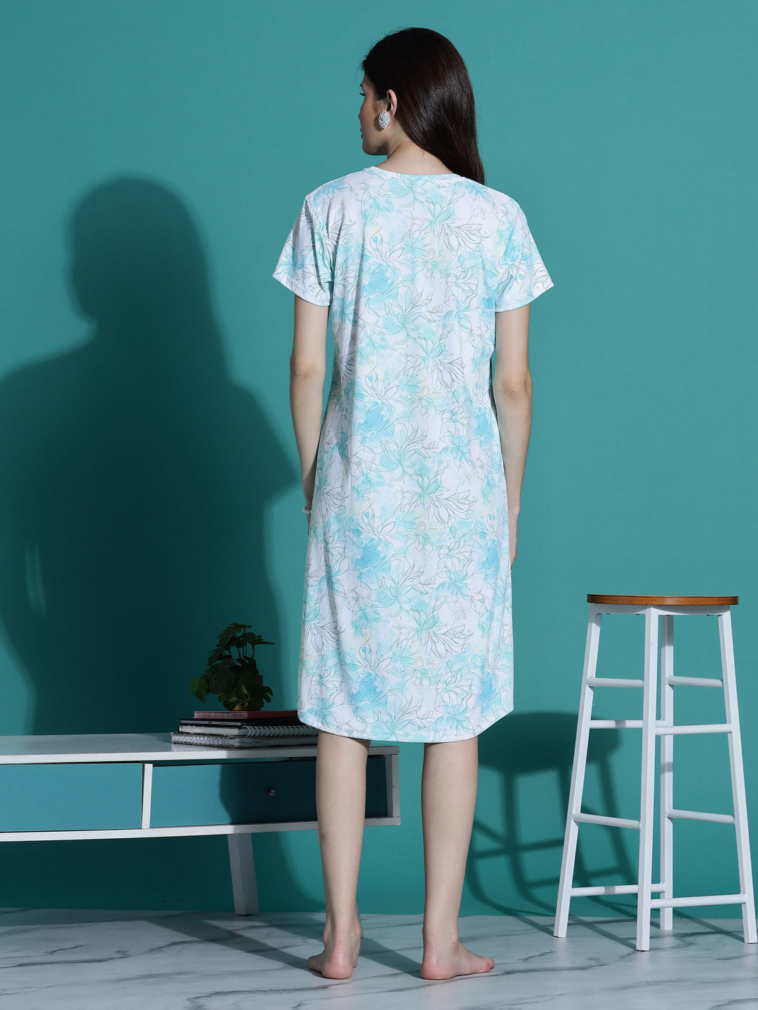 Gloss malai aqua white floral short nightwear for women