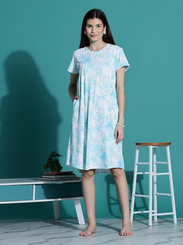 Gloss malai aqua white floral short nightwear for women