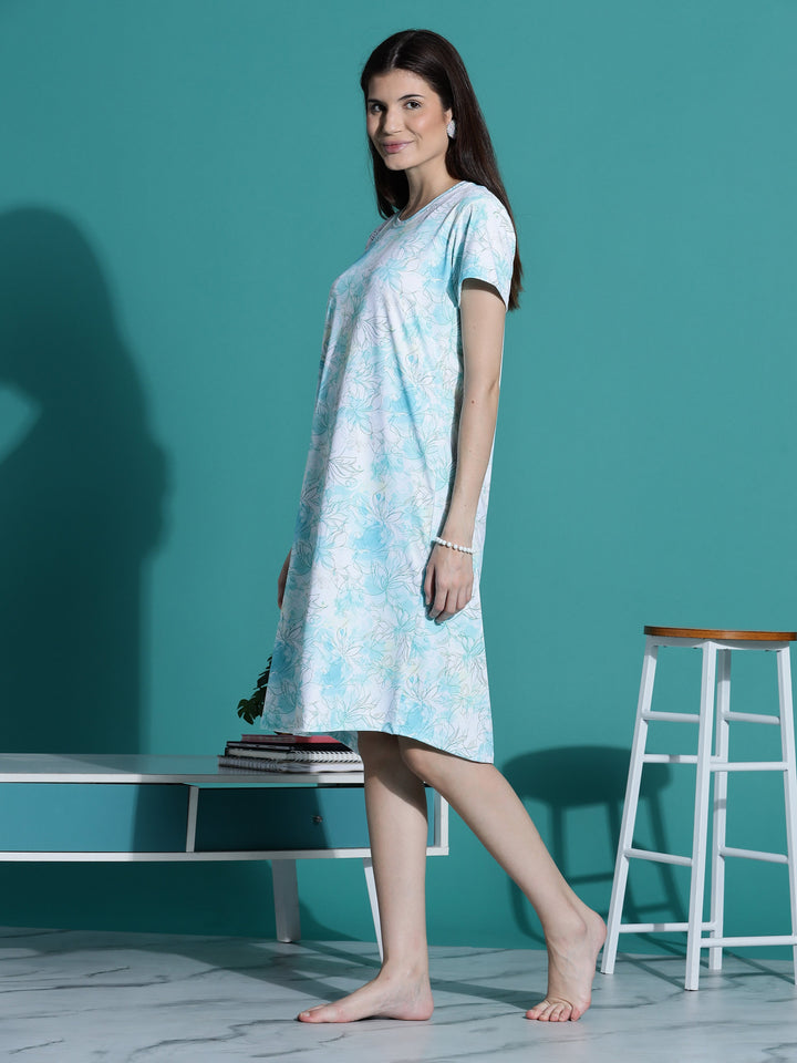 Gloss malai aqua white floral short nightwear for women