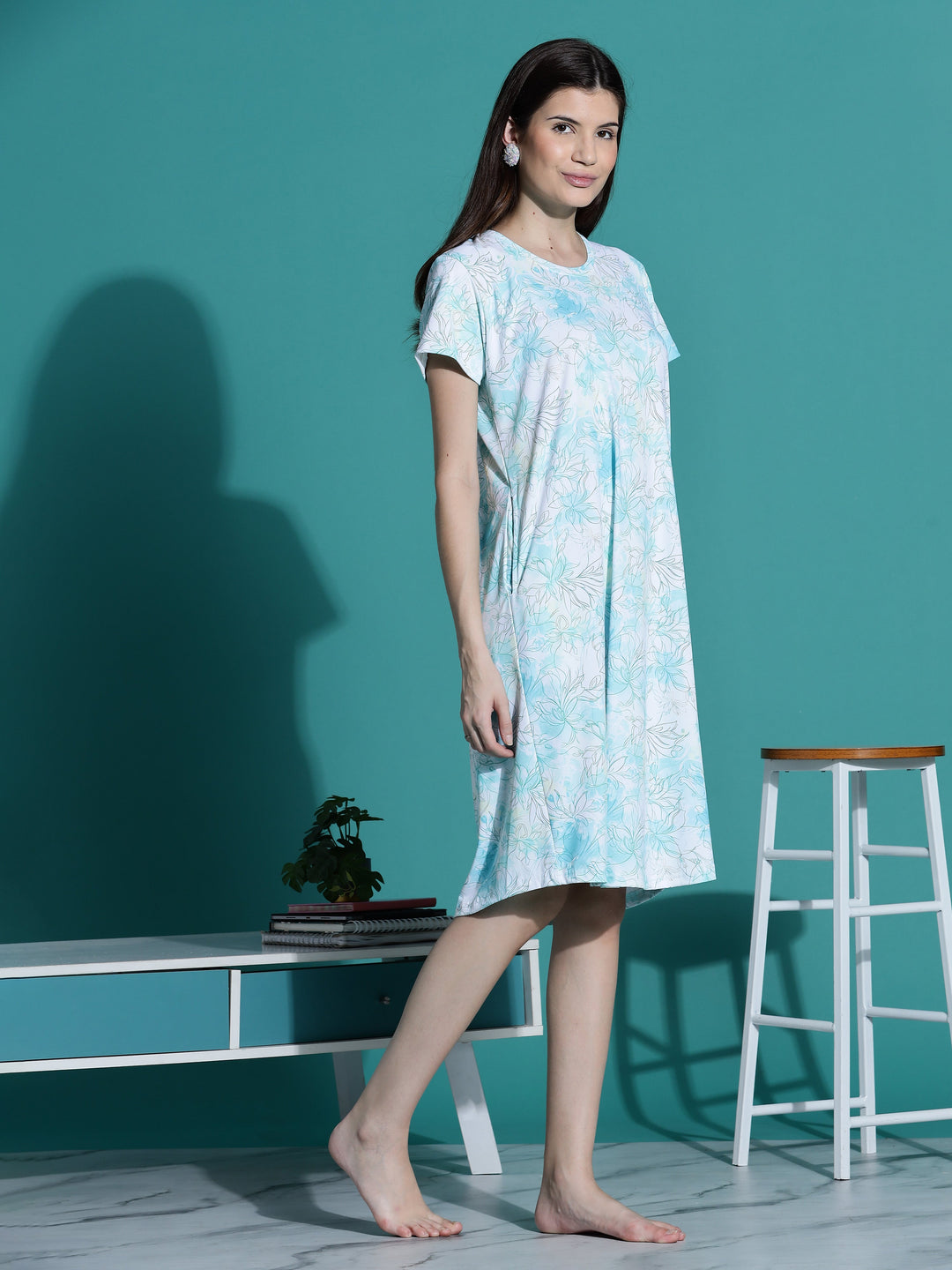 Gloss malai aqua white floral short nightwear for women