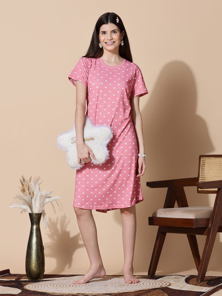 Gloss malai peach pink heart printed short nighty for women