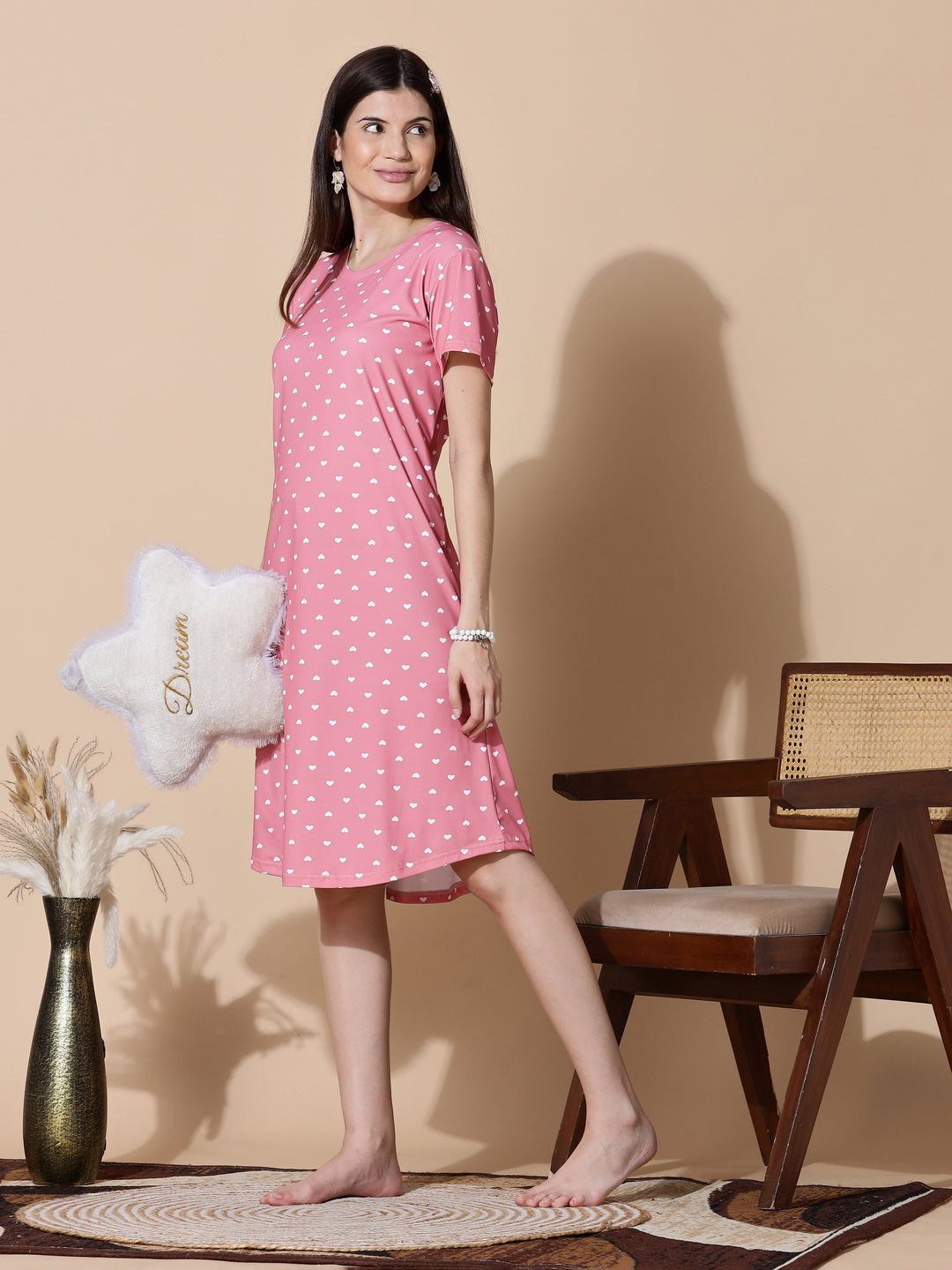 Gloss malai peach pink heart printed short nighty for women
