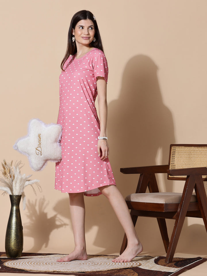 Gloss malai peach pink heart printed short nighty for women