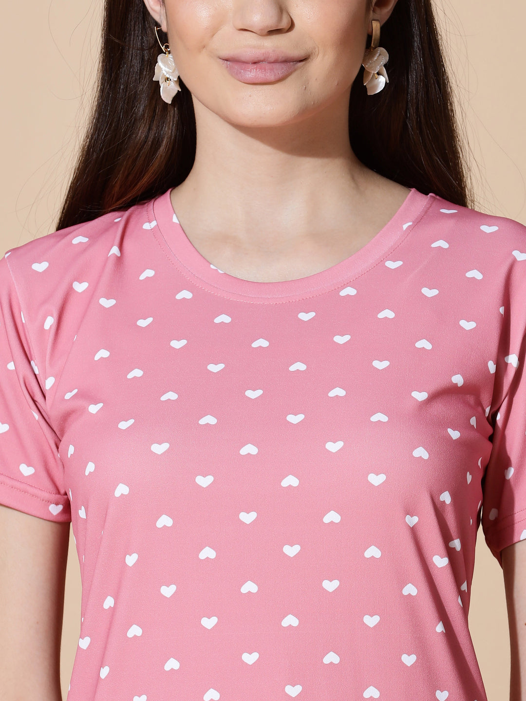 Gloss malai peach pink heart printed short nighty for women
