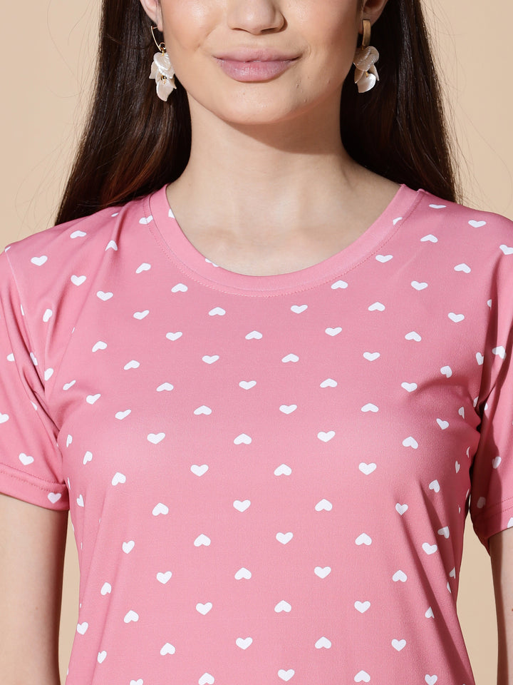 Gloss malai peach pink heart printed short nighty for women