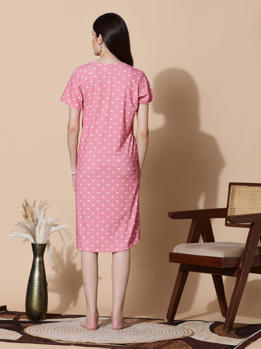Gloss malai peach pink heart printed short nighty for women