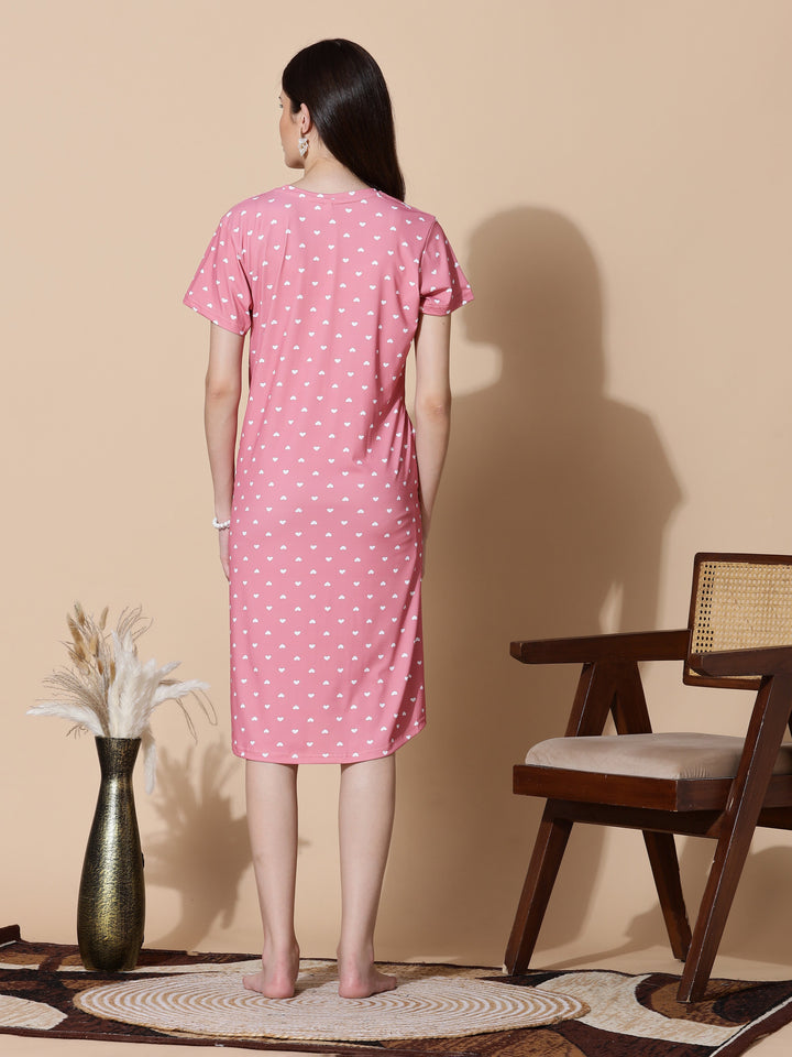 Gloss malai peach pink heart printed short nighty for women