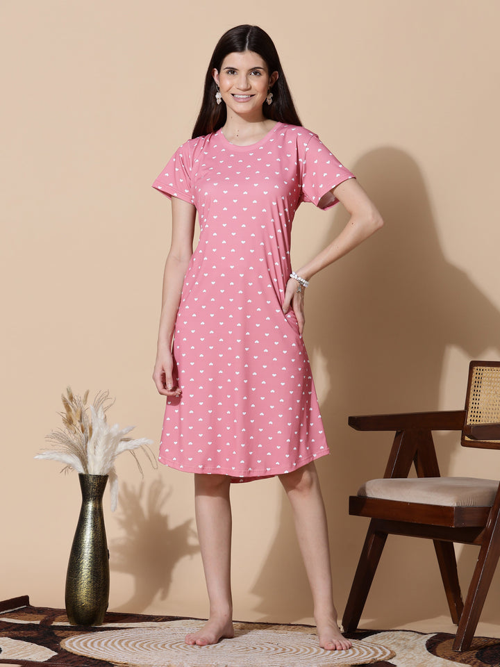Gloss malai peach pink heart printed short nighty for women