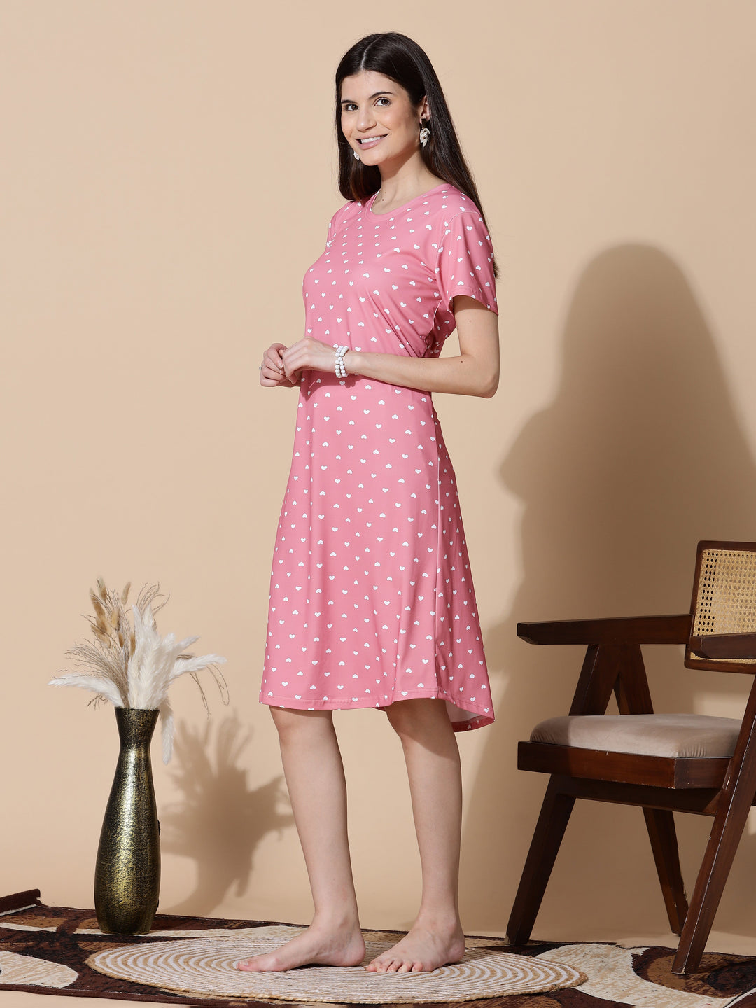 Gloss malai peach pink heart printed short nighty for women